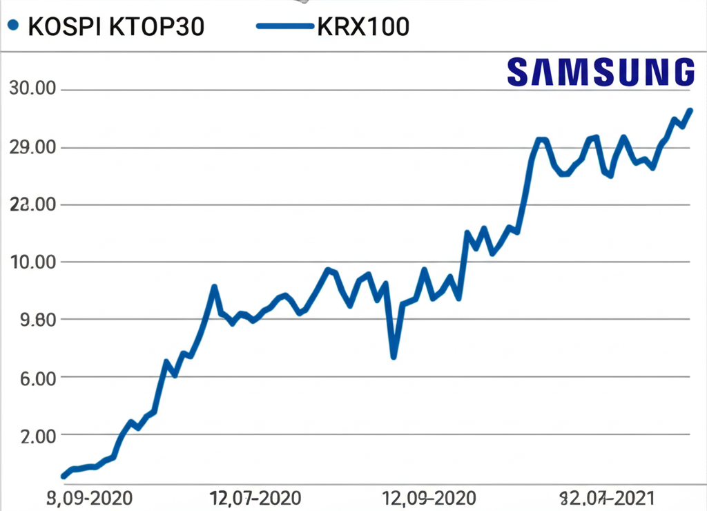 กราฟดัชนีตลาดหุ้นสามตัว KOSPI KTOP30 KRX100 พร้อมโลโก้บริษัทอย่าง Samsung สไตล์ภาพประกอบ