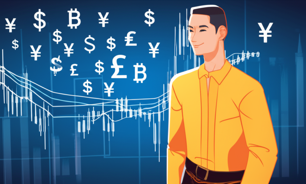 ภาพประกอบนักลงทุนชาวไทยที่กำลังนำทางในตลาด Forex ที่ผันผวนพร้อมสัญลักษณ์ค่าเงินลอยรอบตัว