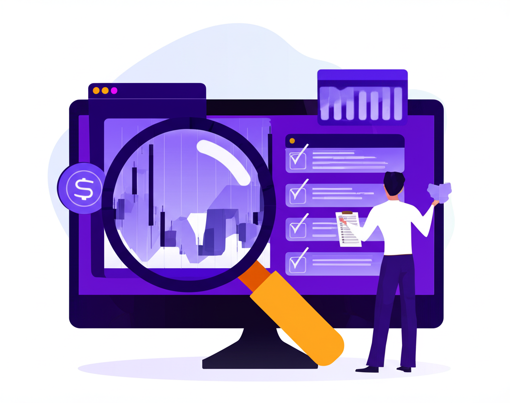 illustration of a professional investor analyzing crypto charts with magnifying glass and checklist for investment