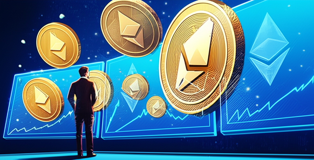 illustration of a person looking at digital charts with crypto coins flying around representing future investment