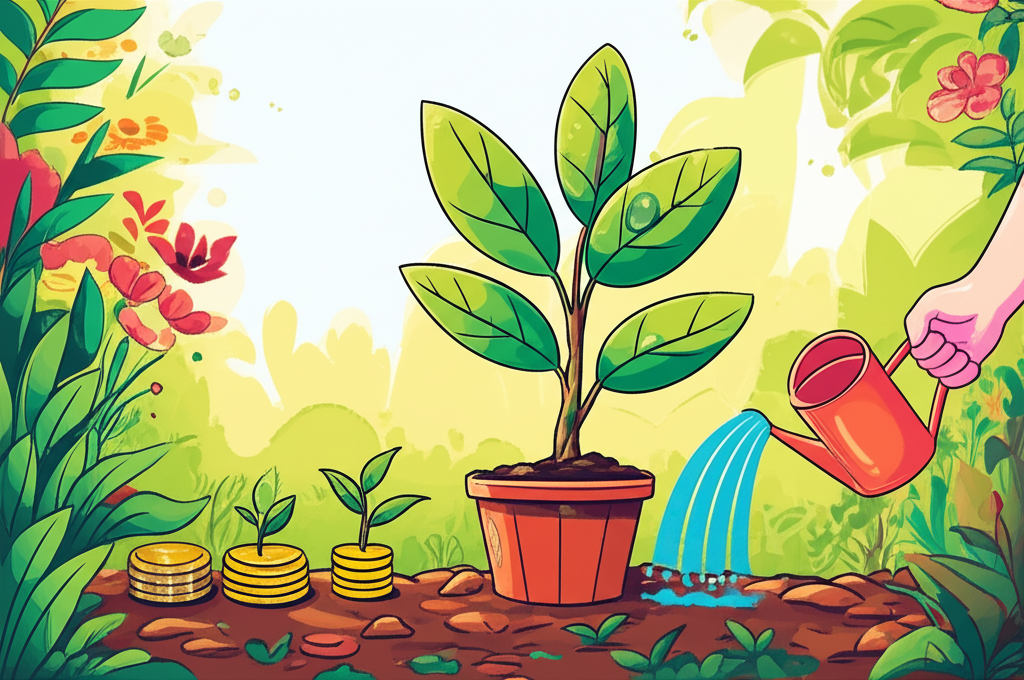 Illustration of a person nurturing a growing money tree symbolizing long-term stock investment and compound interest