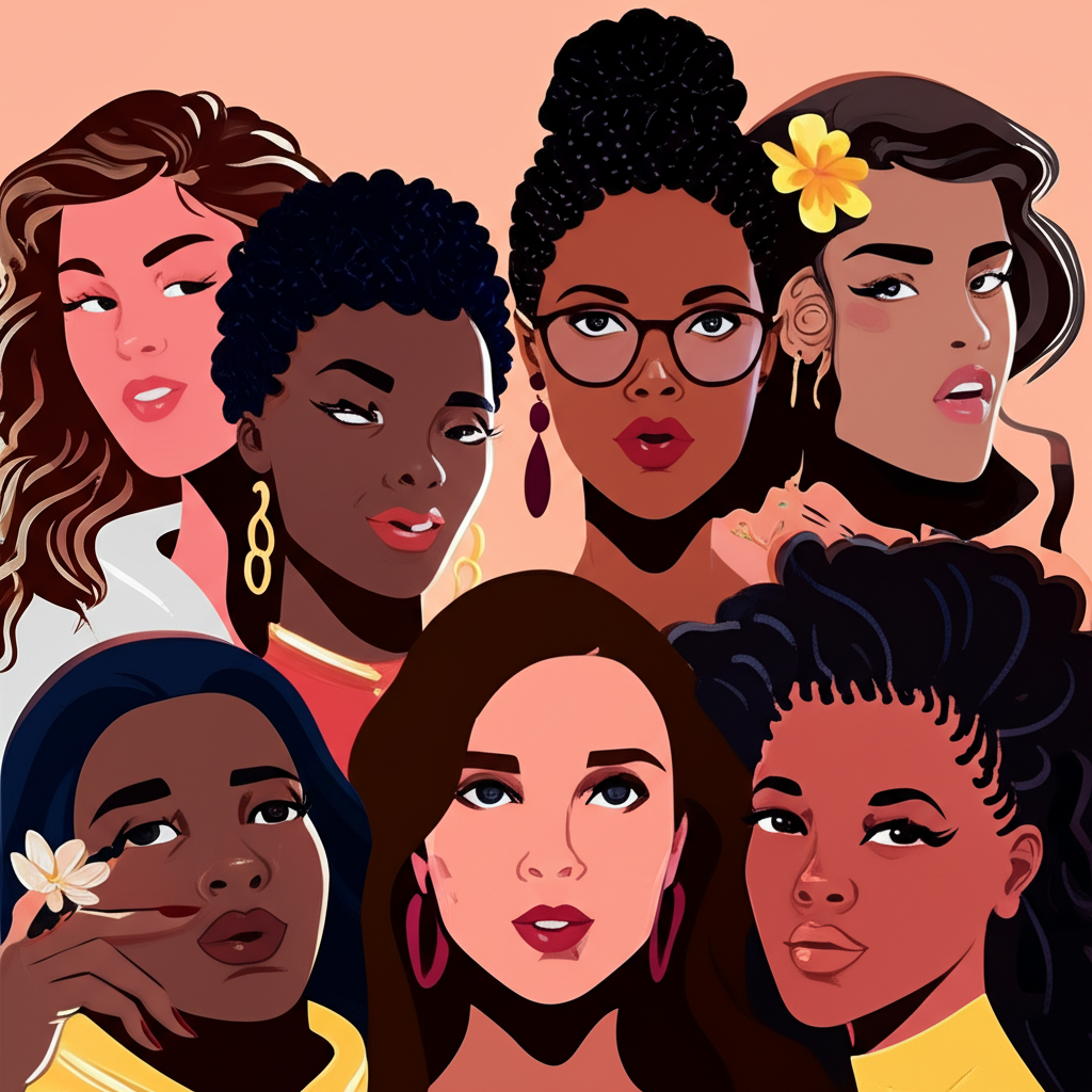 Diverse group of people representing All Ages All Races All Genders using MAC makeup illustration style
