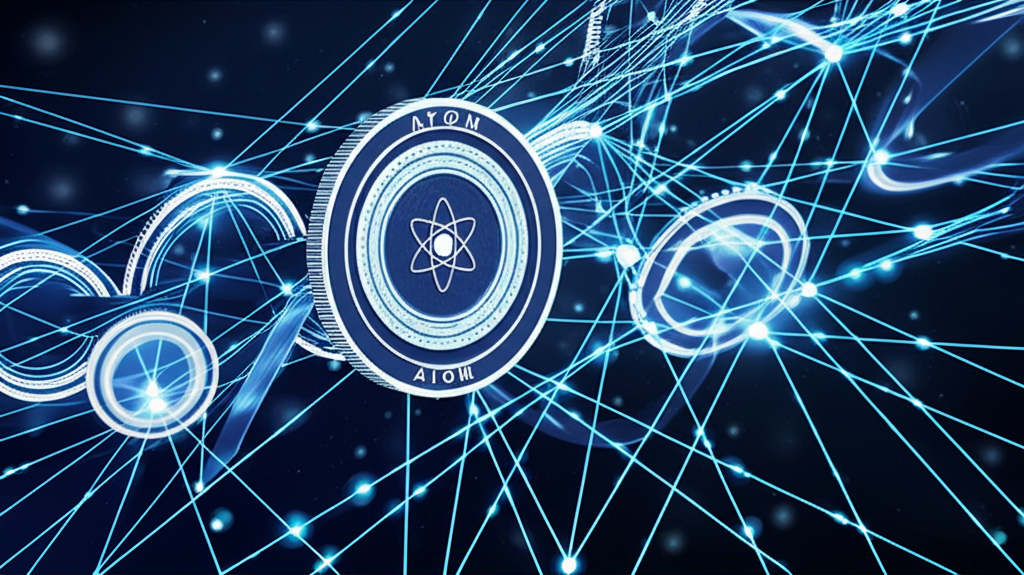 illustration of ATOM coin floating among interconnected blockchains forming an internet of blockchains concept