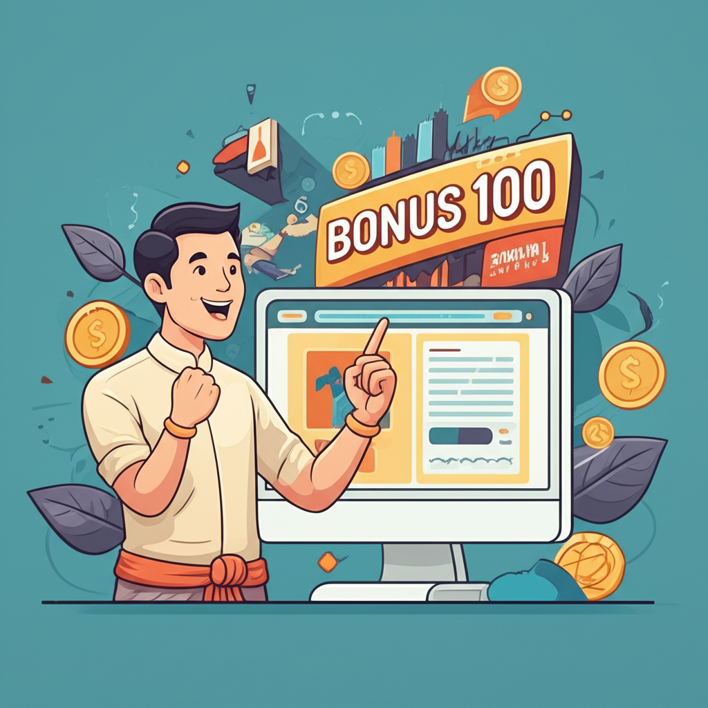 An illustration of a Thai trader excitedly viewing a trading platform with Admiral Markets bonus 100