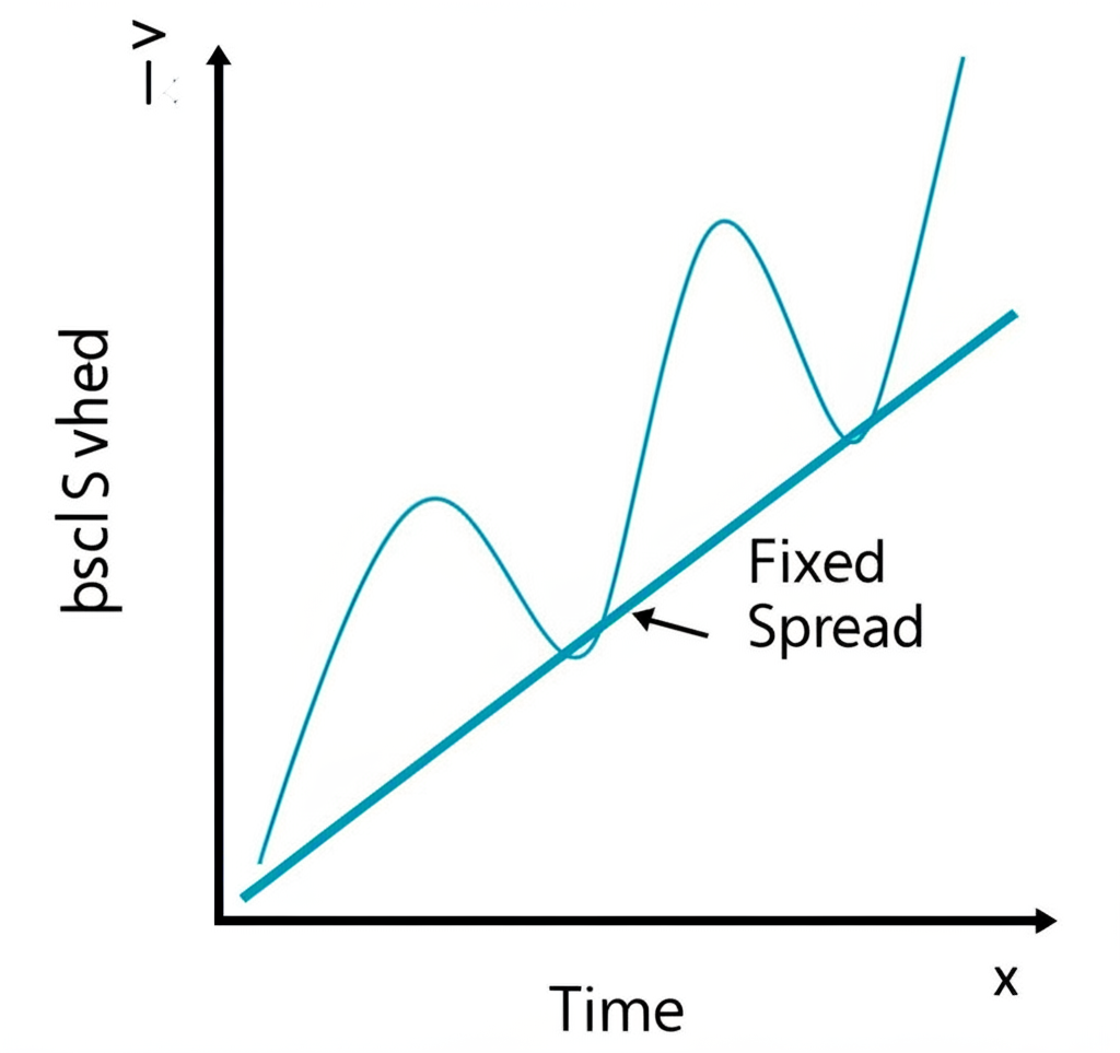 Illustration showing two distinct graphs one with a stable flat line for fixed spread and another with a fluctuating wavy line for floating spread representing market conditions