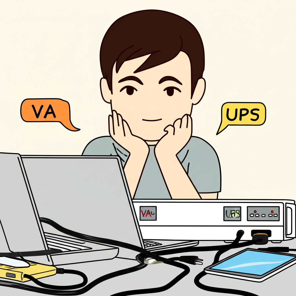 Thai person examining VA and UPS labels on electrical devices