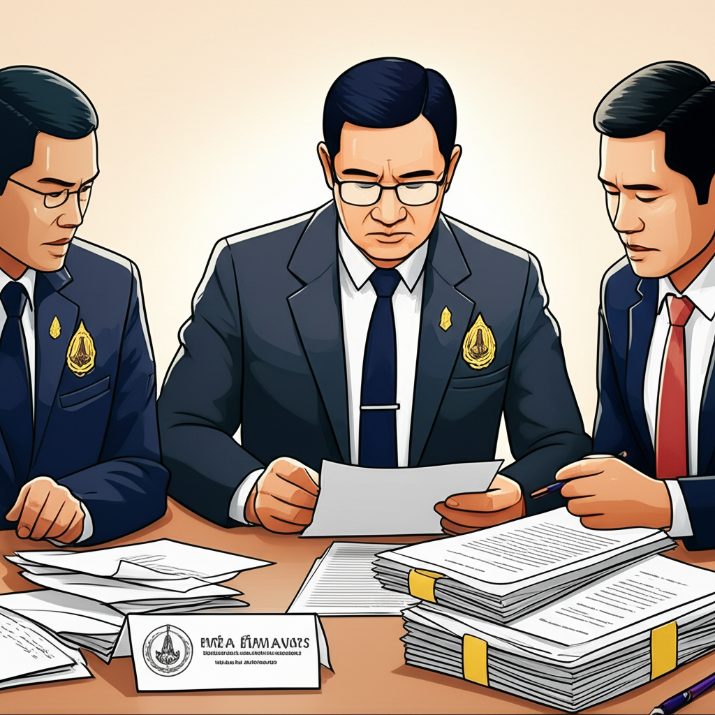illustration nbtc official reviewing documents for starlink license application in thailand with legal texts