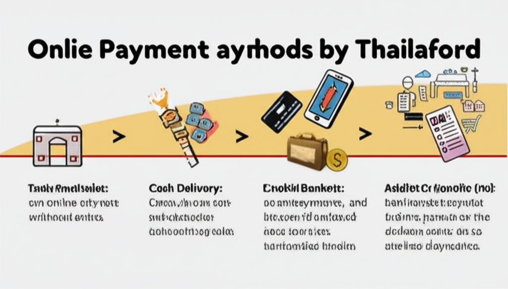 Illustration showing evolution of online payment methods in Thailand from traditional to modern digital options and TrueMoney Wallet app icon with coins and cards around it representing its popularity and diverse use