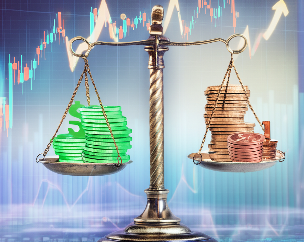 Scale balancing dollar and cent coins with forex charts representing cent account