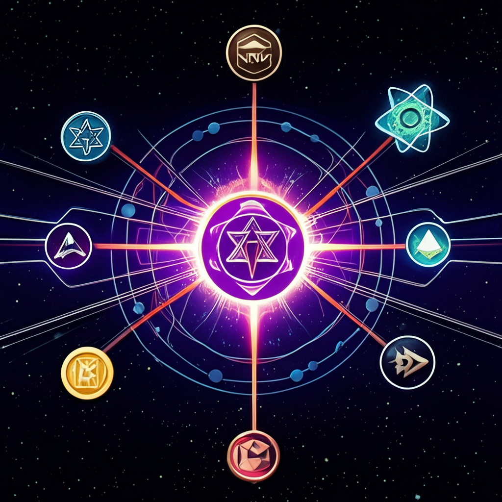 illustration of the Cosmos network a hub connecting diverse sovereign blockchains with ATOM tokens securing it