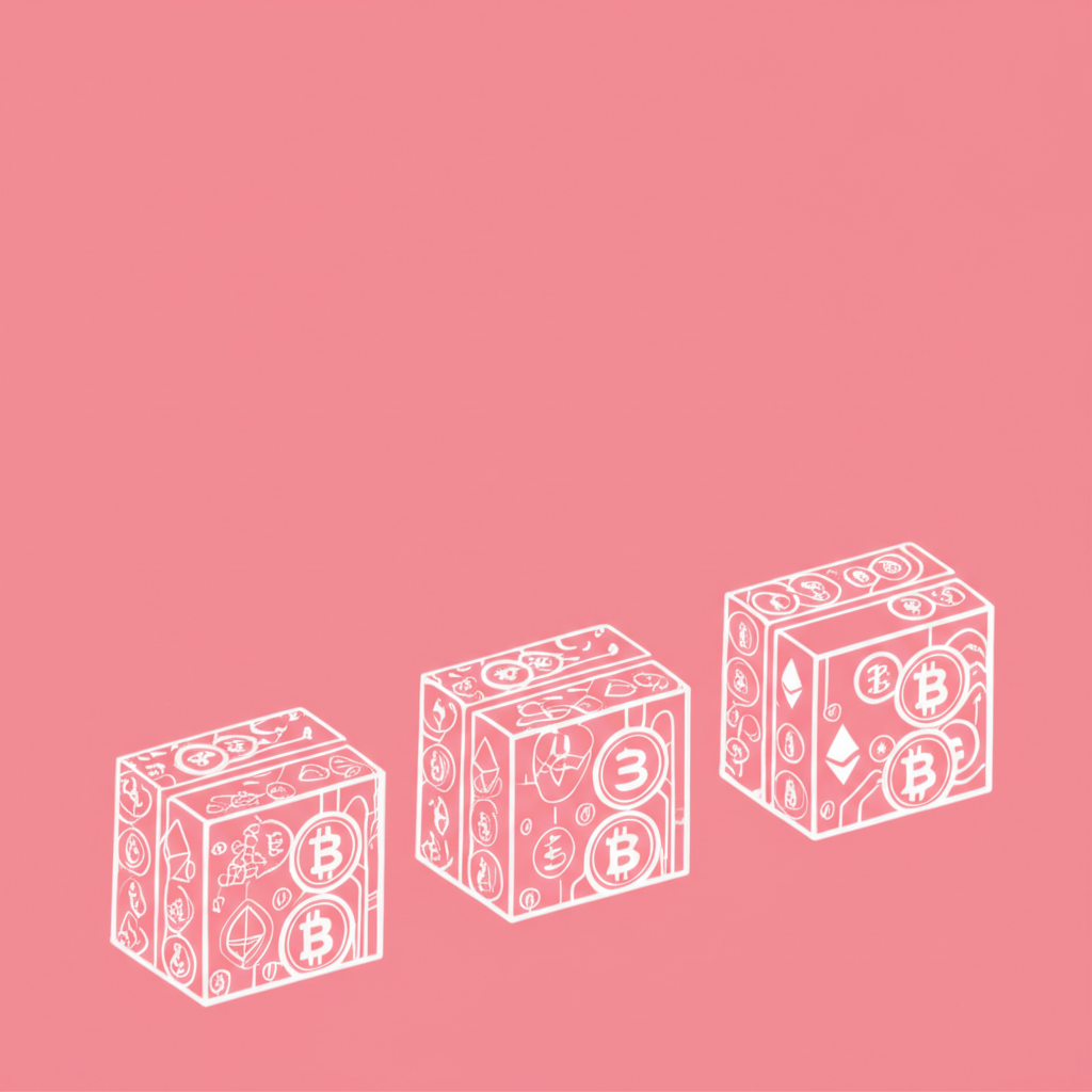 illustration of blockchain technology with interconnected blocks and various crypto coin symbols like bitcoin ethereum
