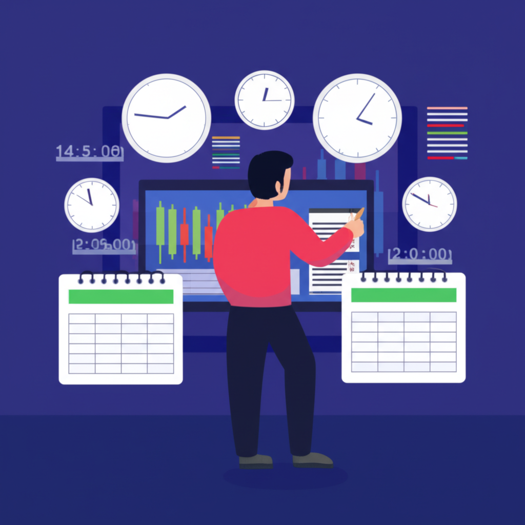 illustration of different clocks and calendars representing various trading timeframes with a person analyzing charts