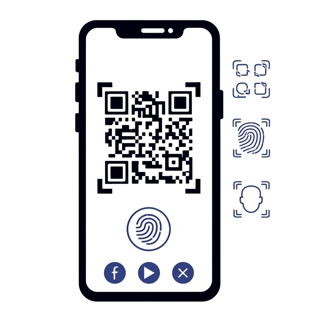 ภาพประกอบฟังก์ชันกระเป๋าเงินดิจิทัลที่ใช้ QR Code สแกน NFC แตะ และการยืนยันตัวตนด้วยชีวมาตร เช่น ลายนิ้วมือและ Face ID