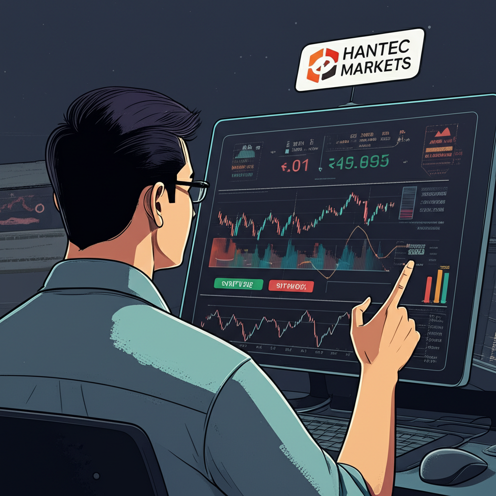Thai trader analyzing Hantec Markets forex charts and CFD symbols on screen