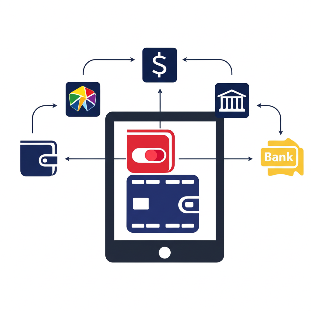 Illustration of various payment channels like a wallet and bank apps connecting to an online platform symbolizing smooth transactions