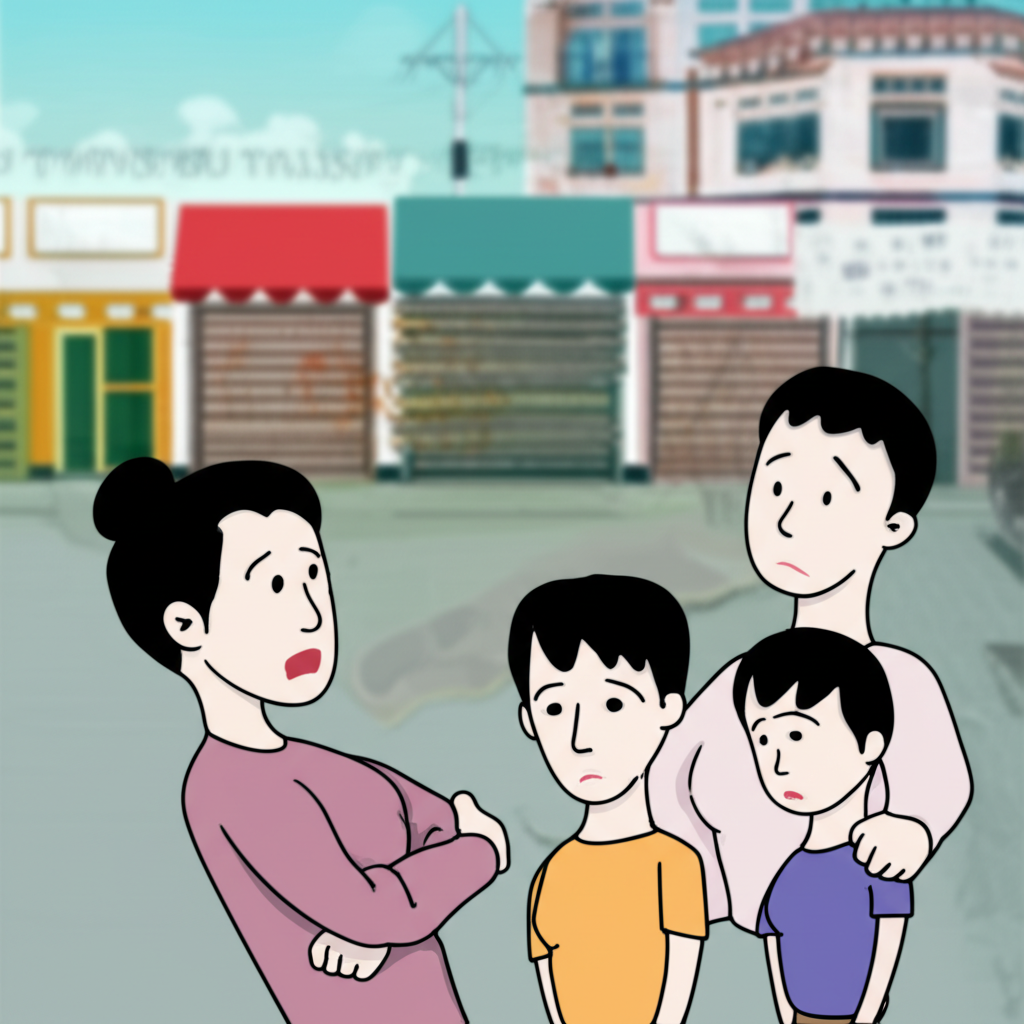 illustration of a struggling Thai family with closed businesses in background economic downturn