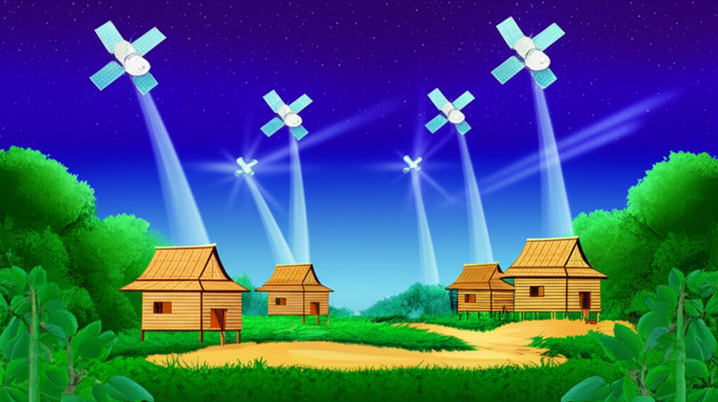 illustration starlink satellites connecting remote thai villages with high speed internet bridging digital divide