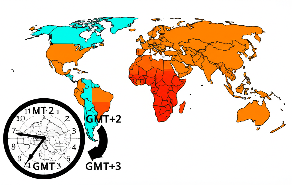 ภาพประกอบแผนที่โลกแสดงเขตเวลา GMT+2 และ GMT+3 พร้อมนาฬิกาที่บ่งบอกการเปลี่ยนแปลงจากเวลาออมแสง