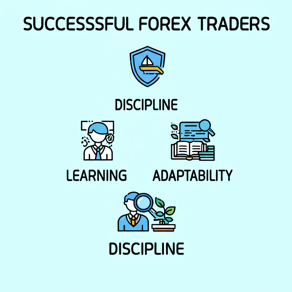 Illustration of key qualities of successful Forex traders: risk management, discipline, learning, adaptability, market analysis