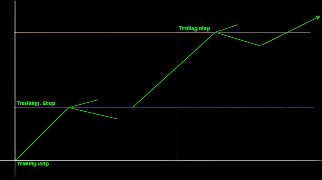 กราฟราคาหุ้นที่กำลังขึ้นพร้อมเส้น Trailing Stop ที่เลื่อนขึ้นตามเว้นระยะห่างคงที่