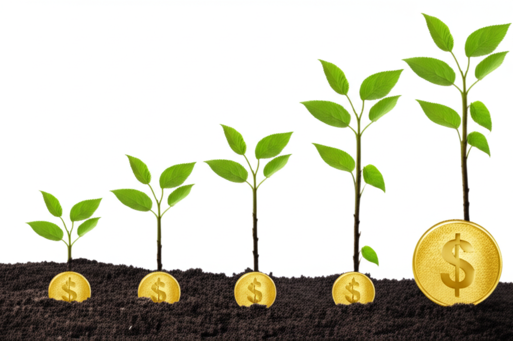 illustration plant growing over time with coins symbolizing compound interest and dividend reinvestment
