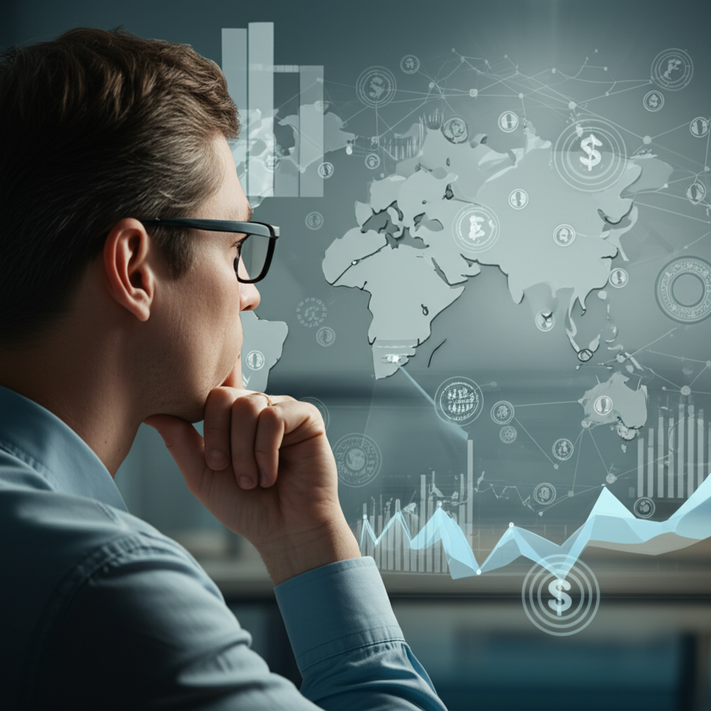 An investor thoughtfully looking at a complex financial world with simple low cost passive fund solutions illustration