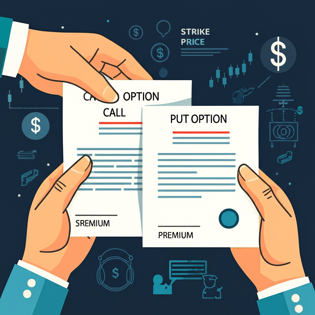 มือสองข้างถือสัญญา Call และ Put Option สัญลักษณ์ทางการเงิน ราคาใช้สิทธิ วันหมดอายุ พรีเมียม