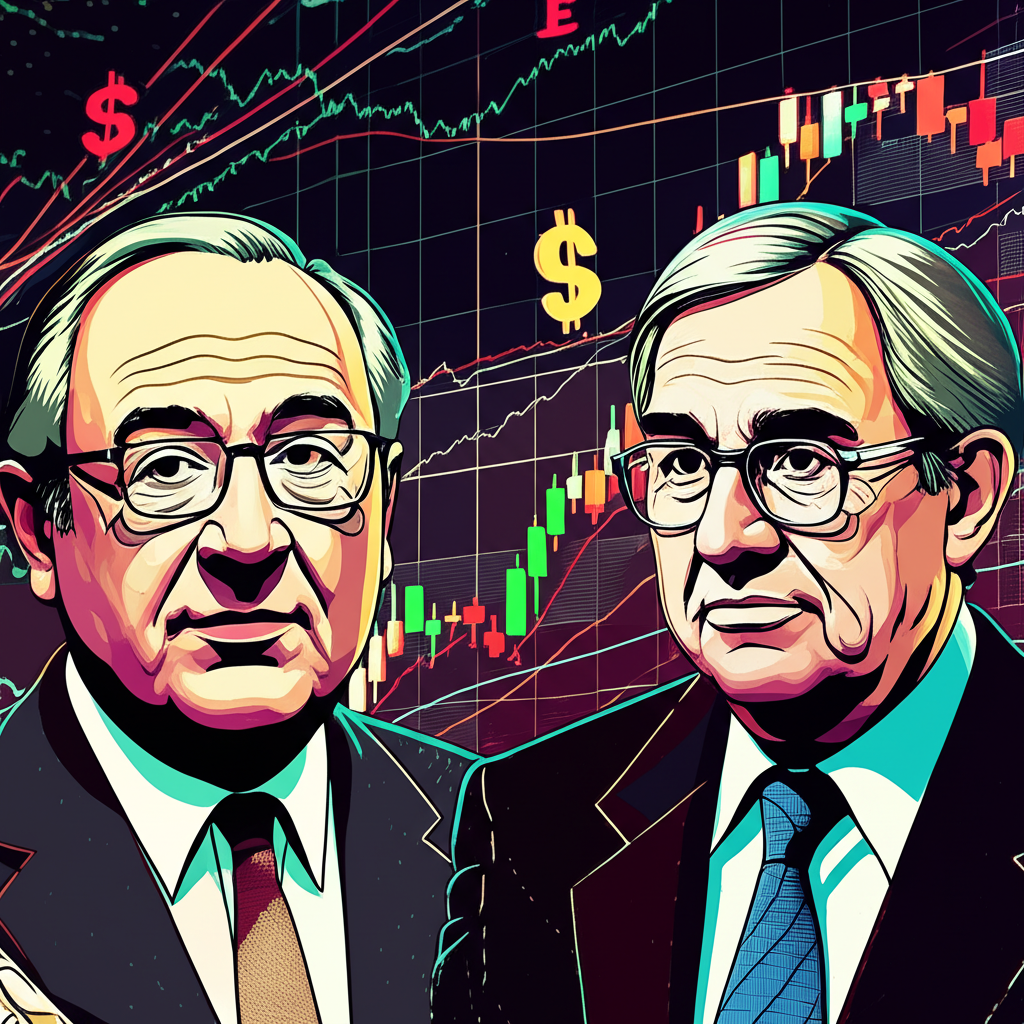 Illustration of iconic Forex traders like George Soros and Paul Tudor Jones with a dynamic financial market backdrop