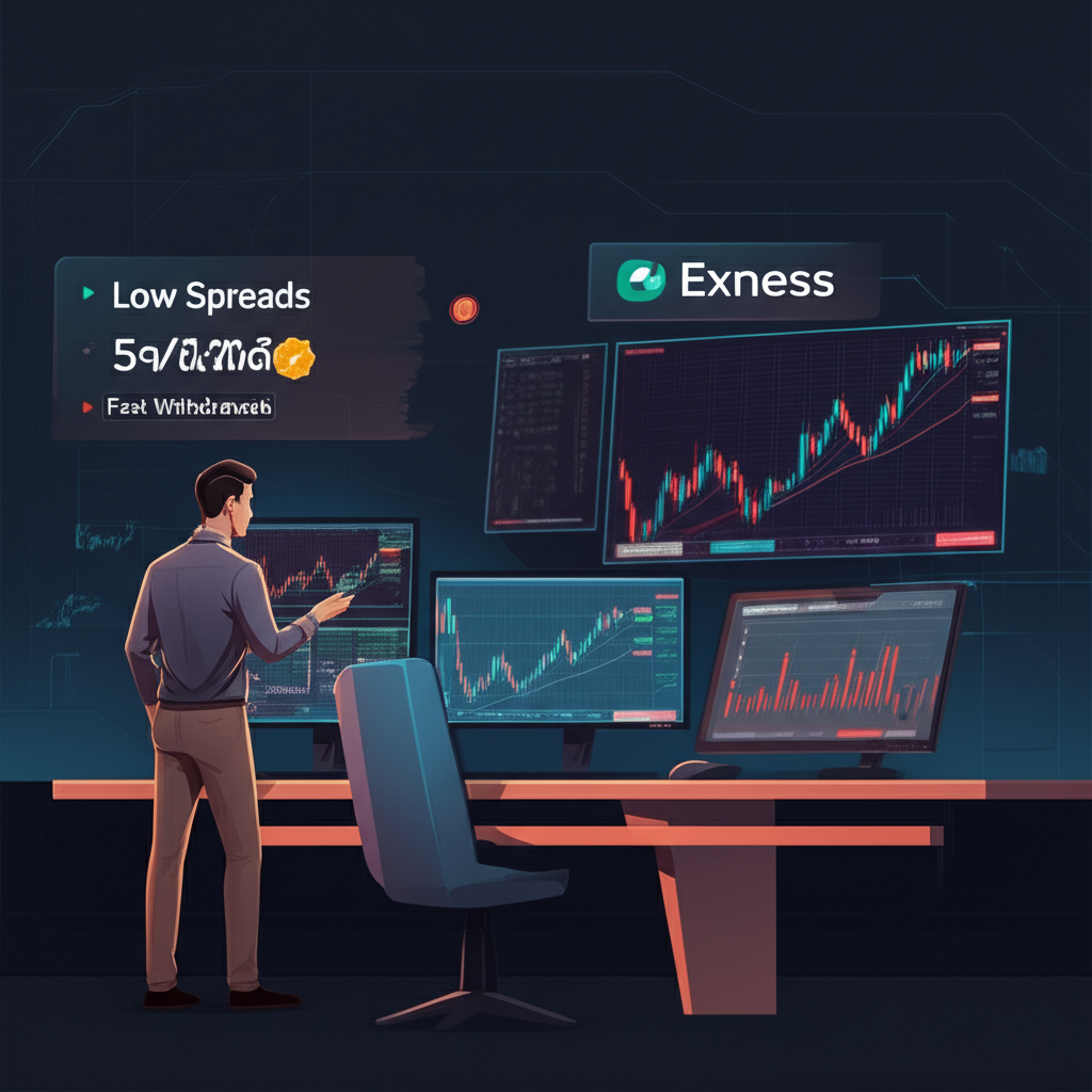 ภาพนักเทรดชาวไทยจดจ่อกับหน้าจอการซื้อขาย พร้อมกราฟและโลโก้ Exness ที่เน้นสเปรดต่ำและการถอนเงินรวดเร็ว