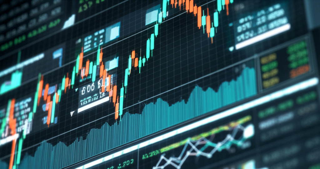 Illustration of global financial market with diverse assets like forex, stocks, and commodities on a modern digital trading platform