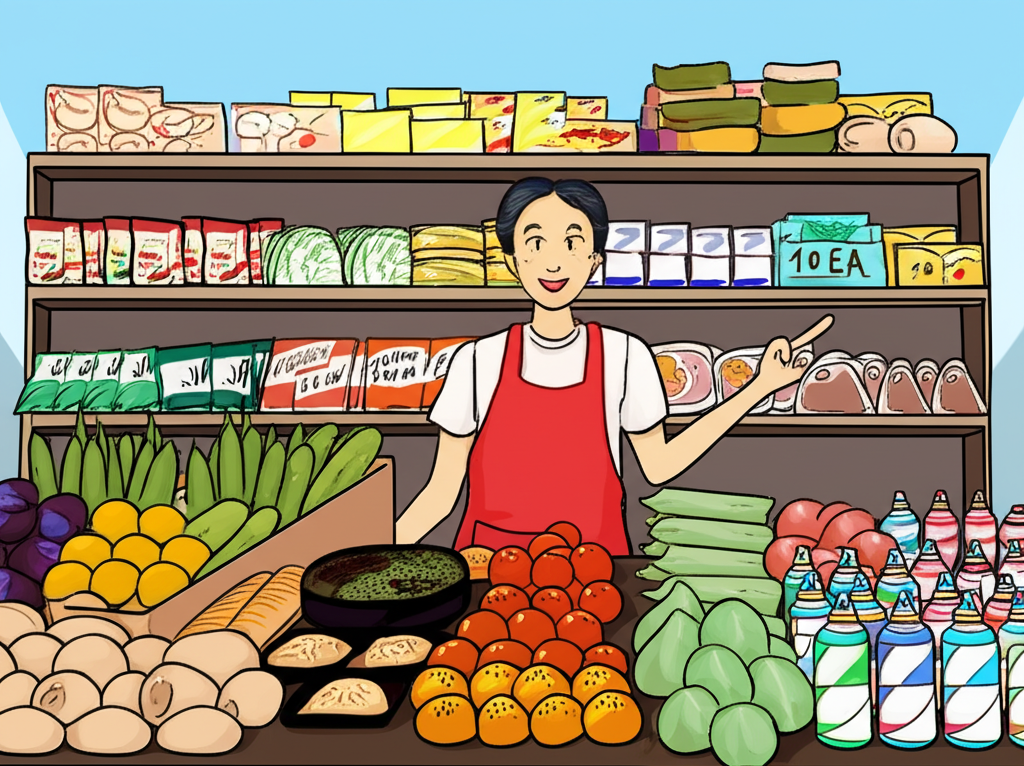 ภาพแผงตลาดไทยสินค้าจัดเรียงเรียบร้อย พ่อค้าชี้กล่องติดป้าย 10 EA ท้องฟ้าสีฟ้าแจ่มใส