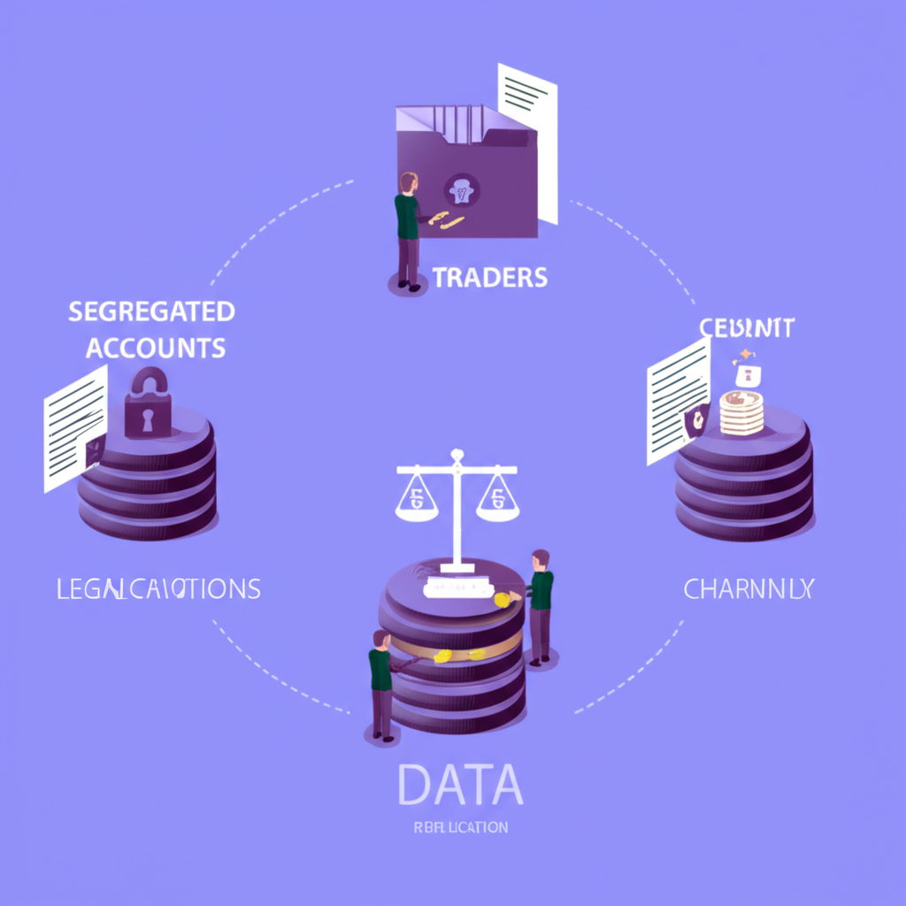 Symbols of financial regulation including segregated accounts and data protection for traders