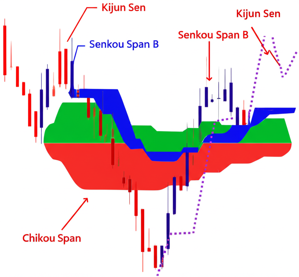ภาพประกอบเส้นต่างๆ ของ Ichimoku Cloud เช่น Tenkan Sen Kijun Sen Senkou Span และ Chikou Span ที่标注ชัดเจน