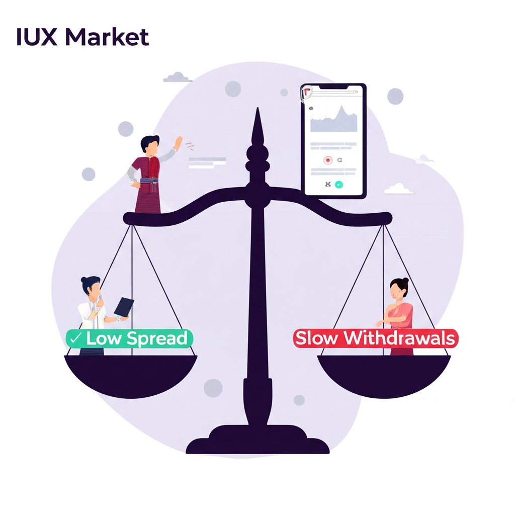 นักเทรดไทยกำลังรีวิว IUX Market ด้วยตาชั่งที่แสดงข้อดีอย่างสเปรดต่ำและข้อเสียอย่างถอนเงินช้า
