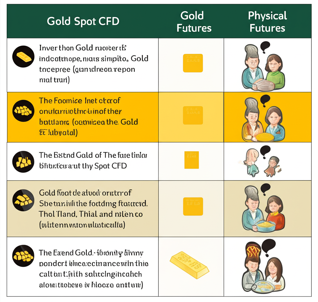比较图表展示Gold Spot CFD、黄金期货和实物黄金，配以一群多元化的泰国投资者，插画风格