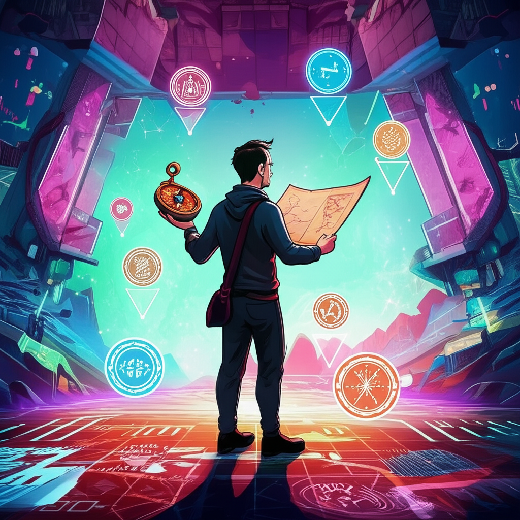 illustration of a beginner trader exploring different trading styles with a compass and map in a digital world