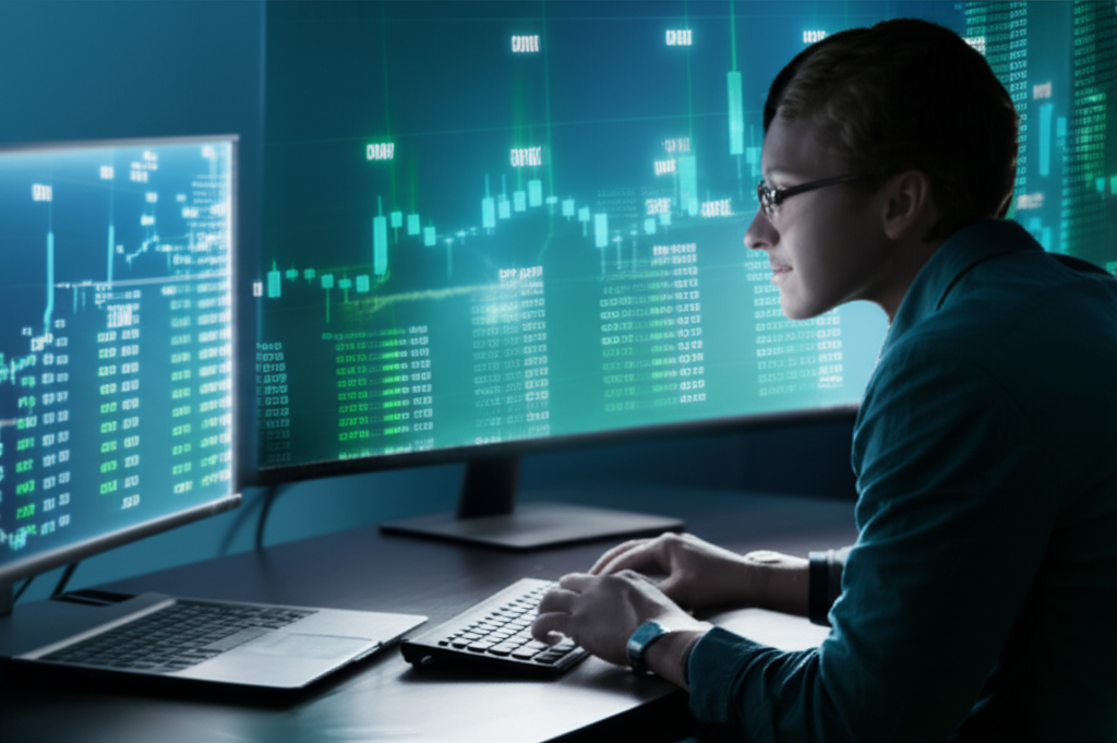A person studies stock charts with DW symbols indicating potential high returns illustration style