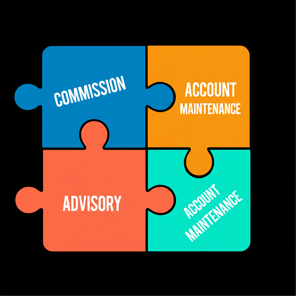 ภาพประกอบประเภทค่าธรรมเนียมโบรกเกอร์หุ้นที่ประกอบกันเป็นชิ้นส่วนปริศนา