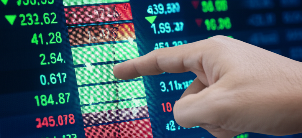 A digital screen showing fluctuating forex prices with a hand pointing to a price difference illustration