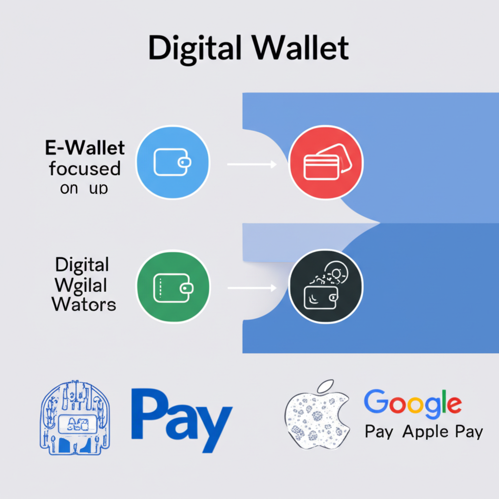 ภาพประกอบ E-Wallet ที่เน้นการเติมเงินและใช้จ่ายภายในระบบ ขณะที่ Digital Wallet ครอบคลุมกว้างขึ้นรวมถึง Google Pay และ Apple Pay