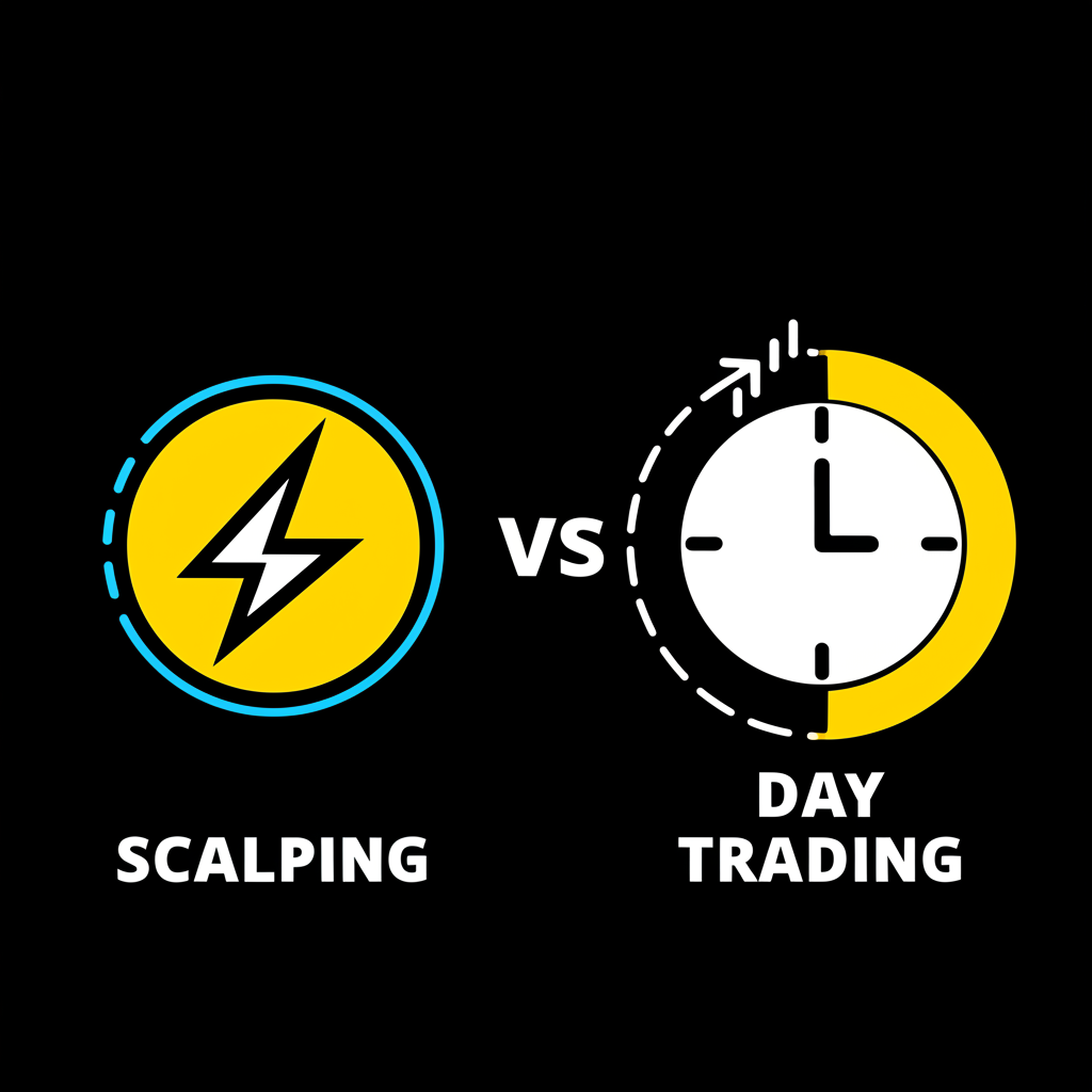 ภาพประกอบความแตกต่างระหว่างสไตล์การเทรด Scalping และ Day Trading ด้วยไอคอนและนาฬิกา