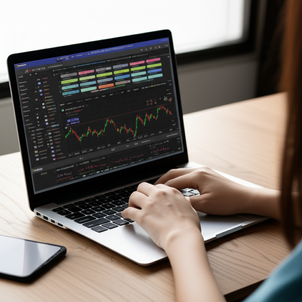 บุคคลกำลังใช้แล็ปท็อปเปิดแพลตฟอร์มการเงินอย่าง TradingView และ Investing.com แสดงข้อมูลหุ้นเกาหลี สไตล์ภาพประกอบ