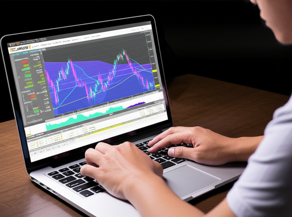 Thai trader using FXCM platform on laptop analyzing forex charts with market data