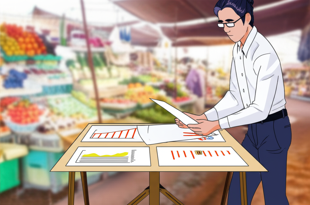 An illustration of a person studying financial documents in a Thai market setting for confident investment
