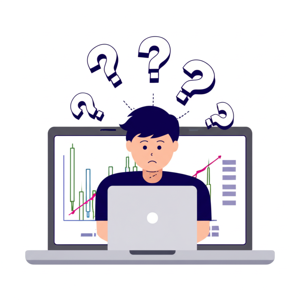 an illustration of a thai person looking at a forex chart on a laptop with question marks about tax above their head
