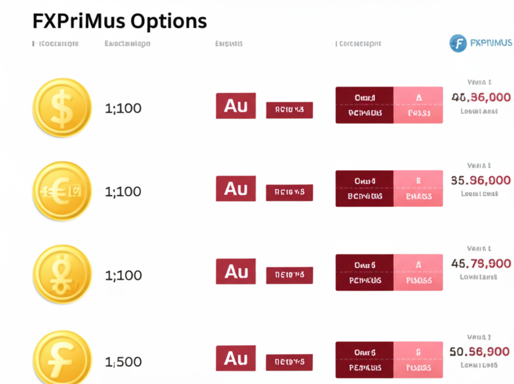 illustration of diverse account options for FXPRIMUS traders with symbols for forex gold and different leverage levels