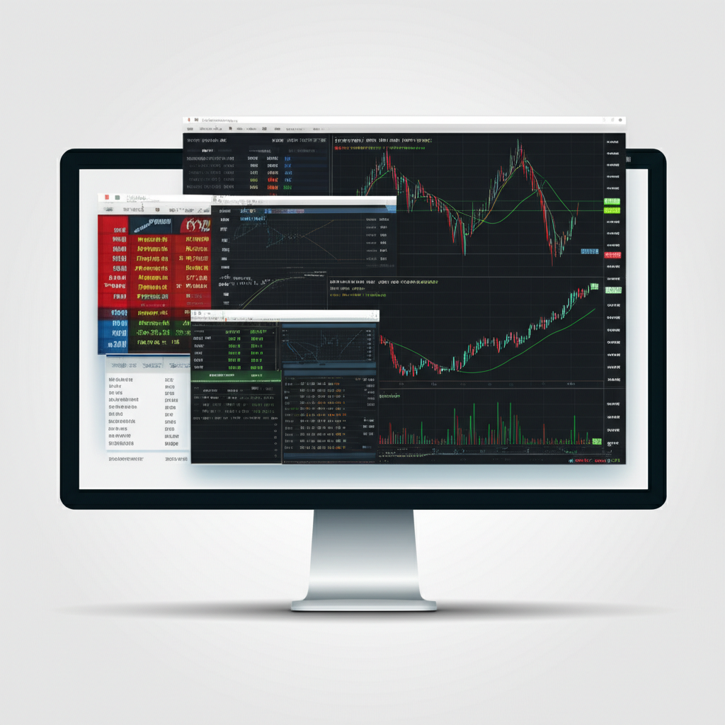 ภาพประกอบหน้าจอคอมพิวเตอร์แสดงตัวชี้วัดการเทรด Forex กราฟ และแพลตฟอร์มเช่น MT4 และ TradingView