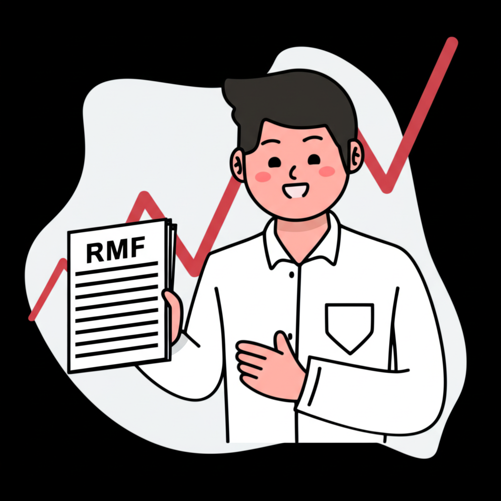 ภาพประกอบคนยิ้มแย้มประหยัดเงินภาษีด้วยเอกสาร RMF และกราฟการเงิน