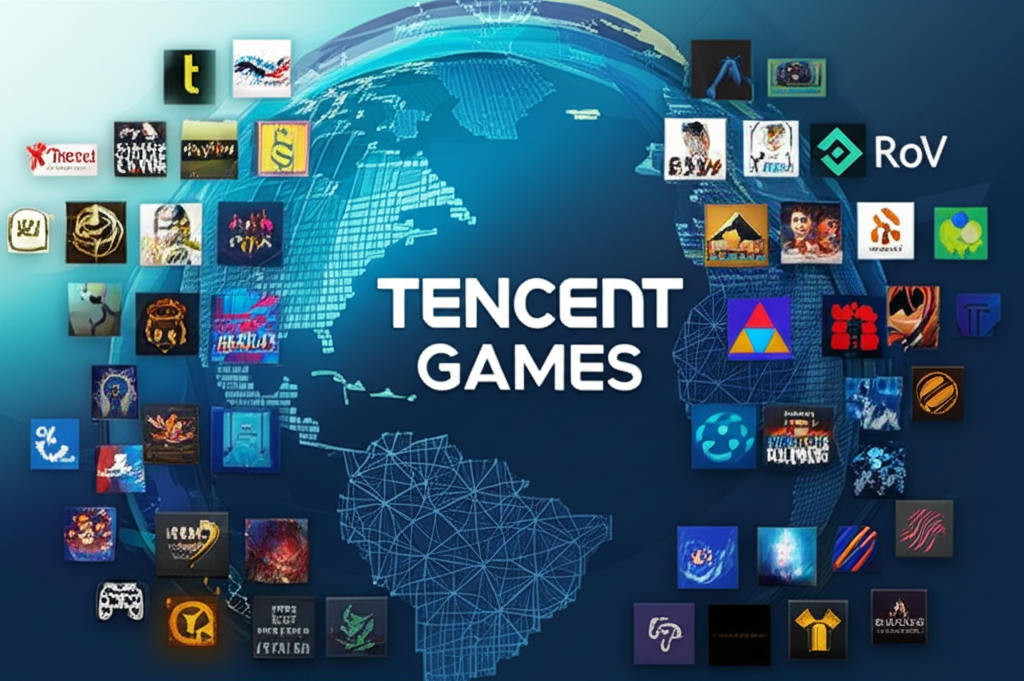 Illustration of a global gaming empire with Tencent Games logo, popular titles like RoV and PUBG Mobile, and various game studios