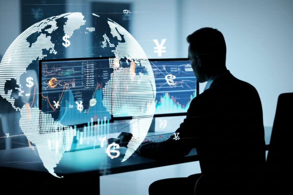 illustration of a person studying forex charts with currency symbols floating around a globe